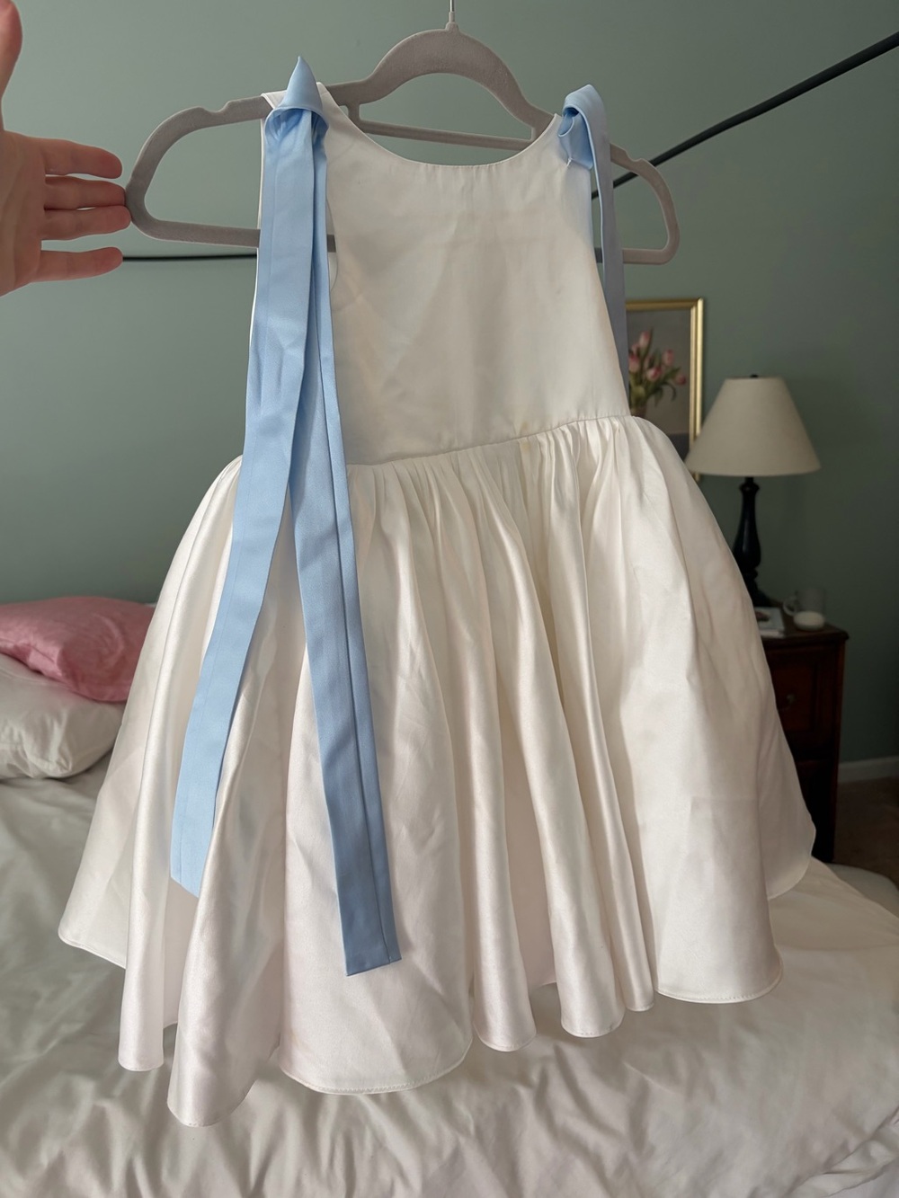 JJs House White Flower Girl Dress with Light Blue Ribbon Ties